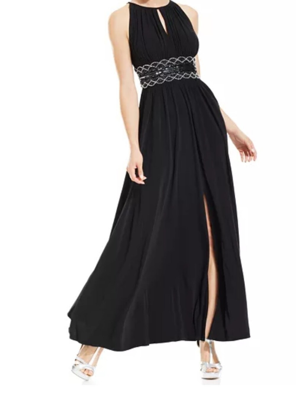 R&M Richards Black Halter Maxi Gown with Embellished Waist Sz8 Pre-owned